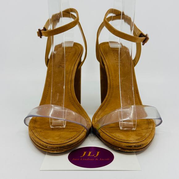 Schutz Women's Geisy Toasted Nut Suede Illusion Ankle Strap Block Heels Size 7.5 - Picture 2 of 11